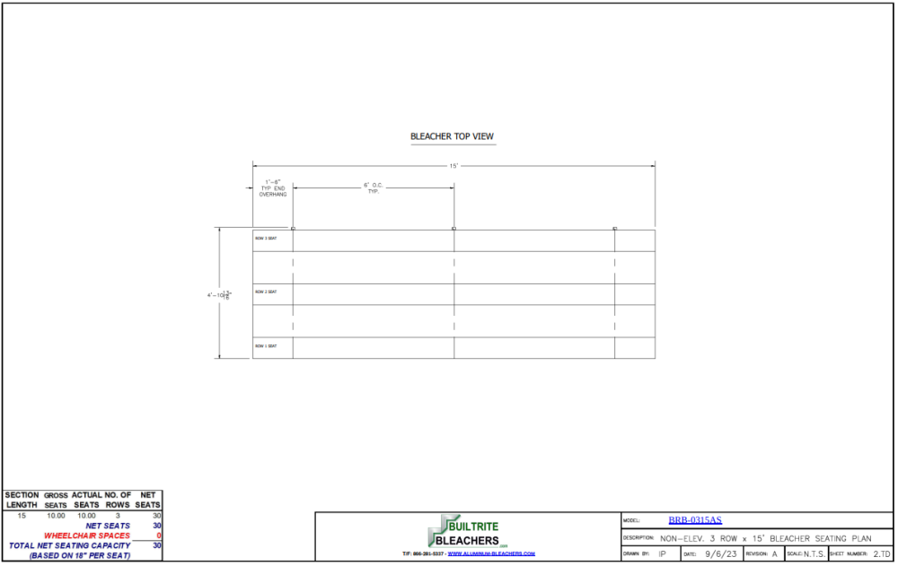 Standard Height Bleachers -3 Row -15ftL -Single Footplank Aluminum Understructure BRB-0315AS