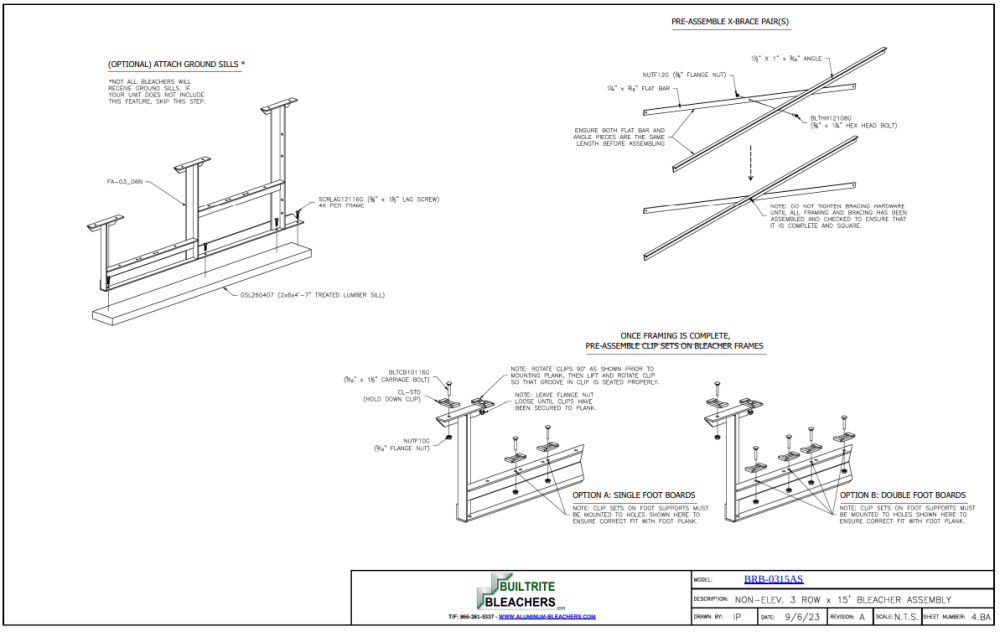 Standard Height Bleachers -3 Row -15ftL -Single Footplank Aluminum Understructure BRB-0315AS