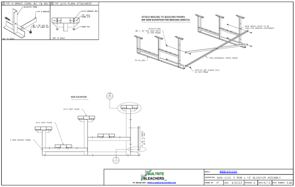 Standard Height Bleachers -3 Row -15ftL -Single Footplank Aluminum Understructure BRB-0315AS