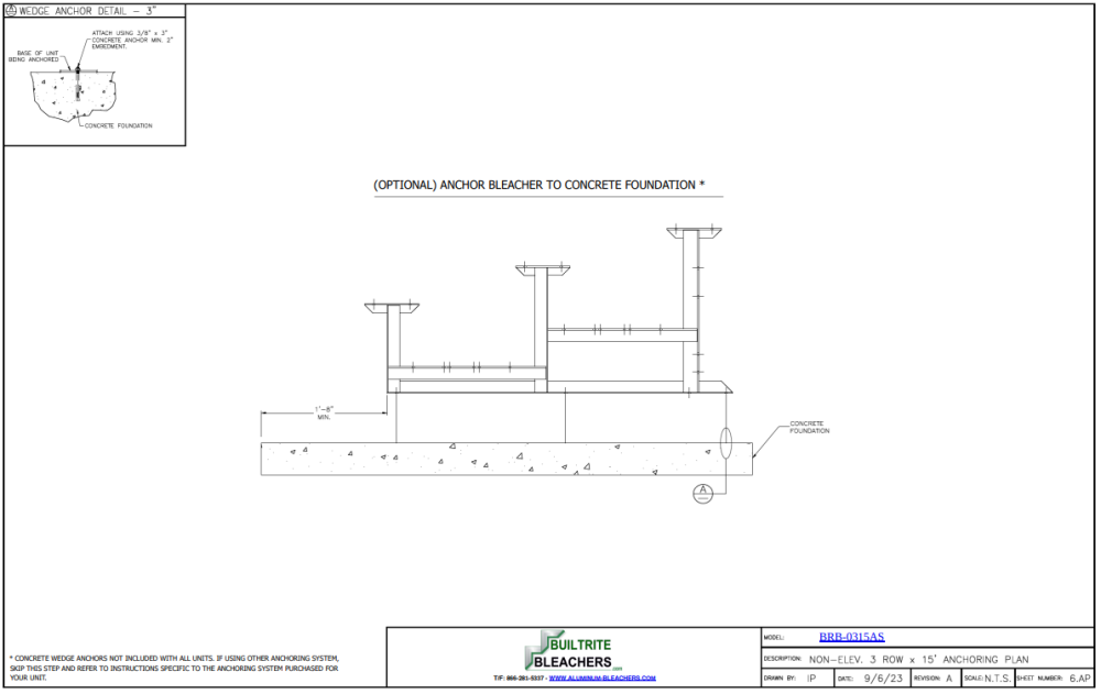 Standard Height Bleachers -3 Row -15ftL -Single Footplank Aluminum Understructure BRB-0315AS